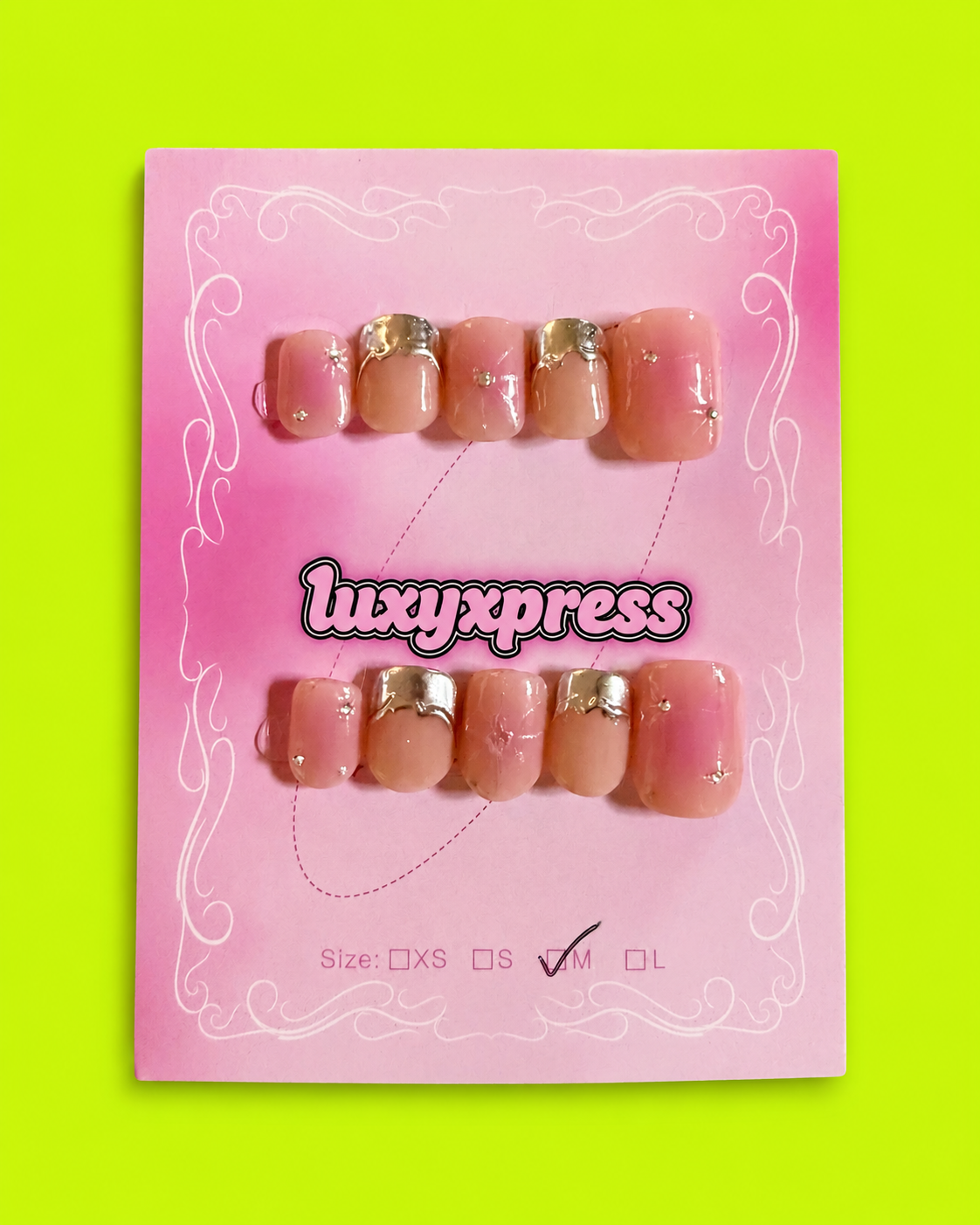 Champagne Kiss short press-on nail set on pink Luxy Xpress card