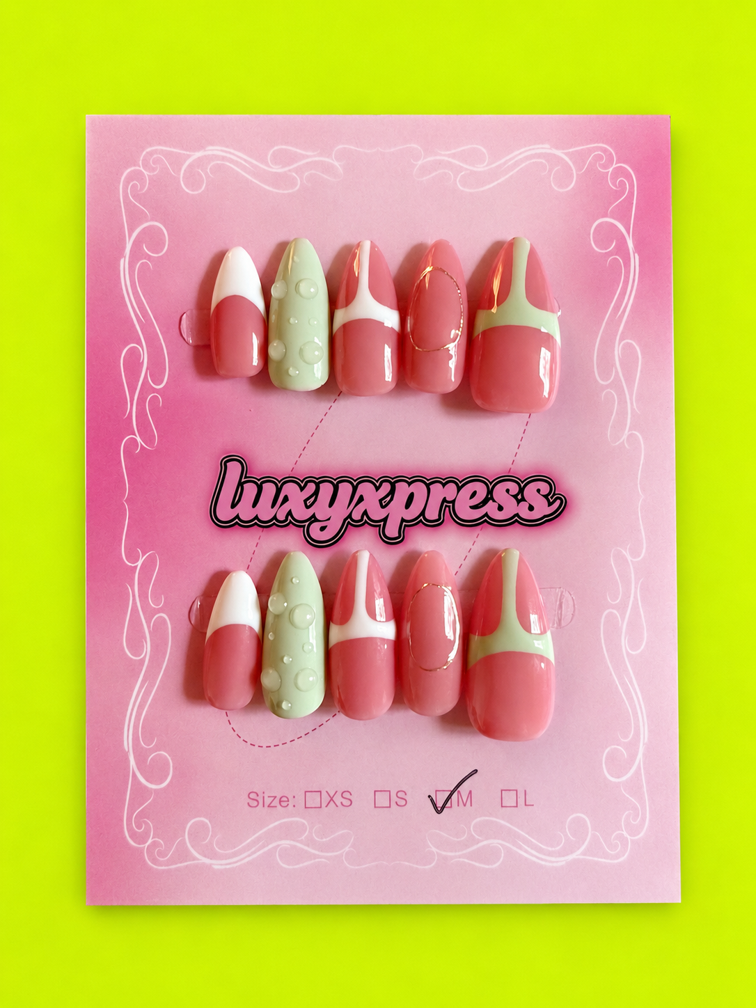 Sweet Pop medium pointy press-on nail set on pink Luxy Xpress card