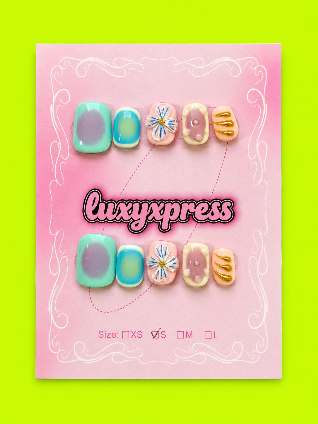 Ocean Bloom short press-on nail set on pink Luxy Xpress card