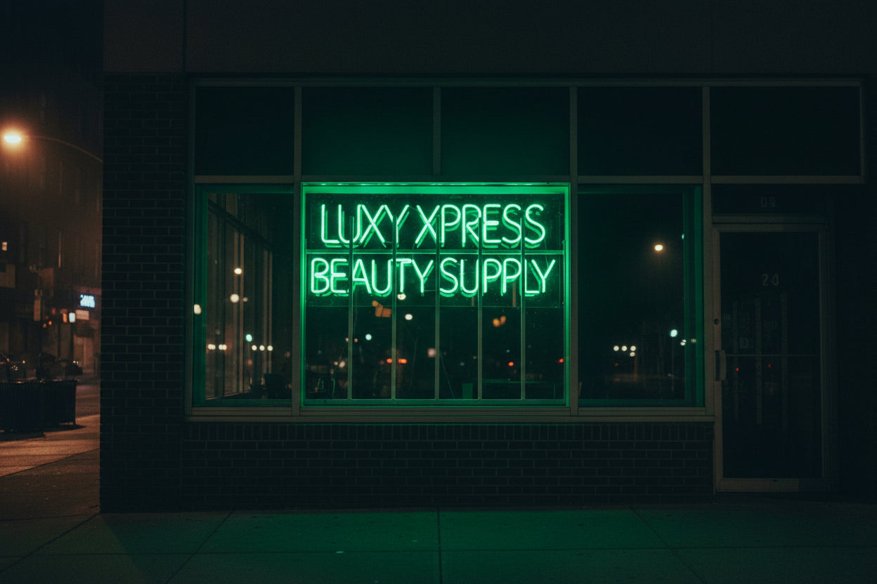 Neon sign for Luxy Xpress Beauty Supply with green text on a dark background