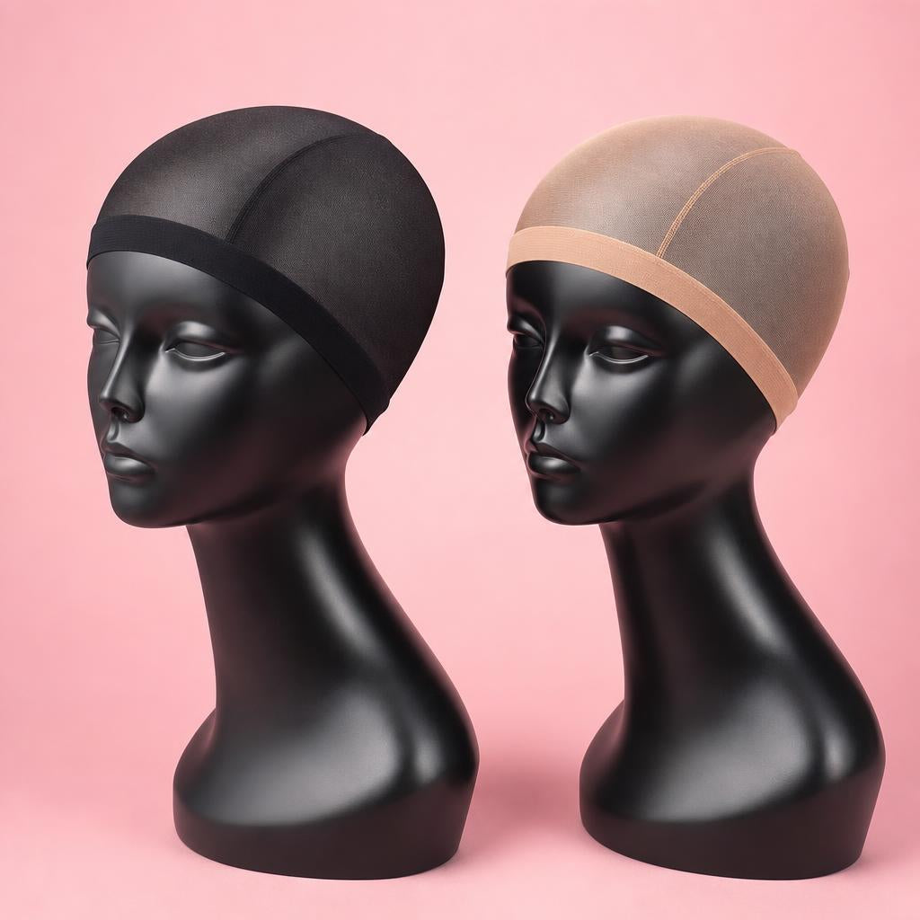 Black and nude stocking wig caps on mannequin heads